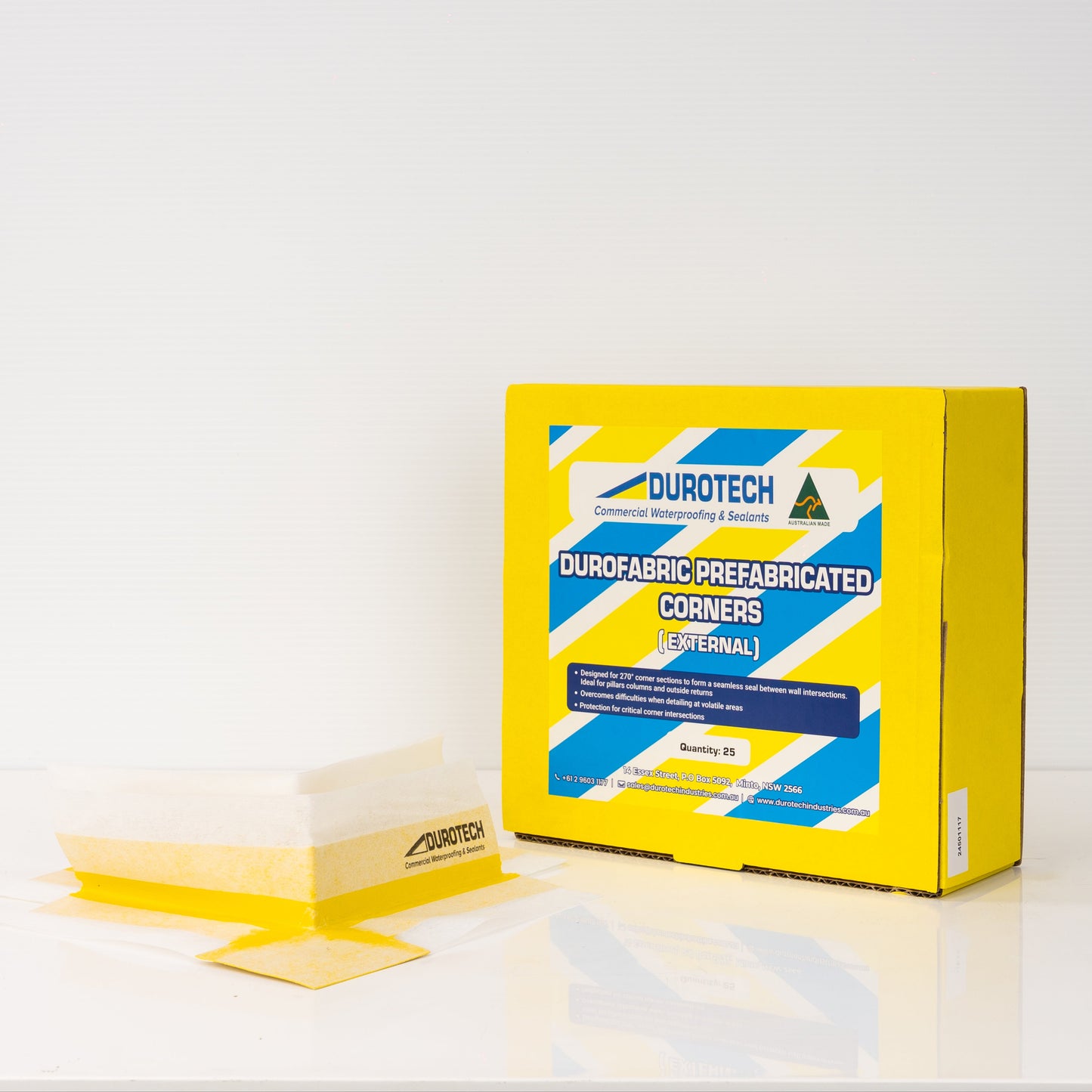 Yellow box of Durotech durofabric prefabricated corners on a white background